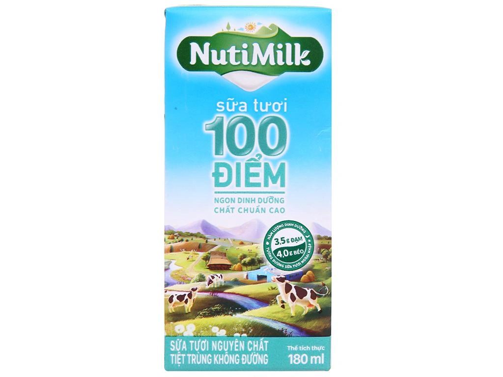 Nuti- NutiMilk 100 Điểm ko Đường 180ml Hộp
